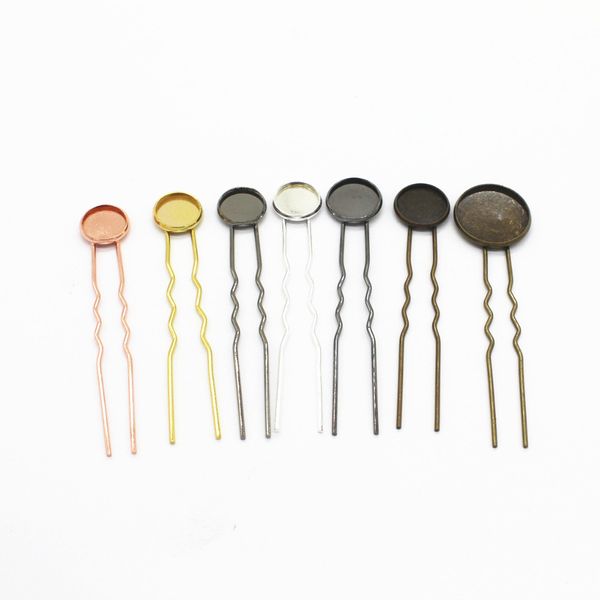 

10 pcs 10/12/14/16/18/20mm round cabochon base hair sticks setting 7 colors plated copper hairpin base for jewelry making, Blue;slivery