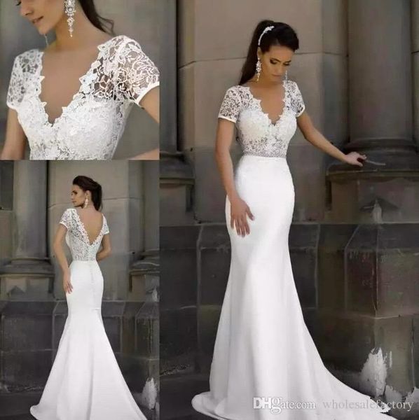 

milla nova new mermaid wedding dresses short sleeves deep v neck backless sweep train wedding dresses bridal gowns hochzeitskleid, White