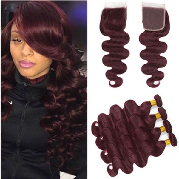 2019 Pure 99j Burgundy Human Hair Weaves With Closure Wine Red