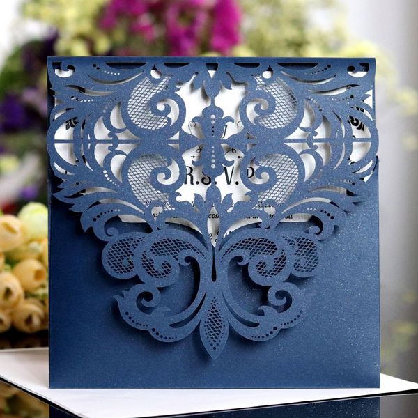 

100pcs navy blue laser cut wedding invitations with hollow flower engagement party invitation card with envelope printing, Black