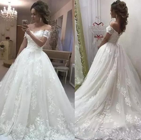 

2019 ivory wedding dresses a line off shoulder full lace appliqued wedding bridal gowns long sweep train vintage tulle wedding gowns, White