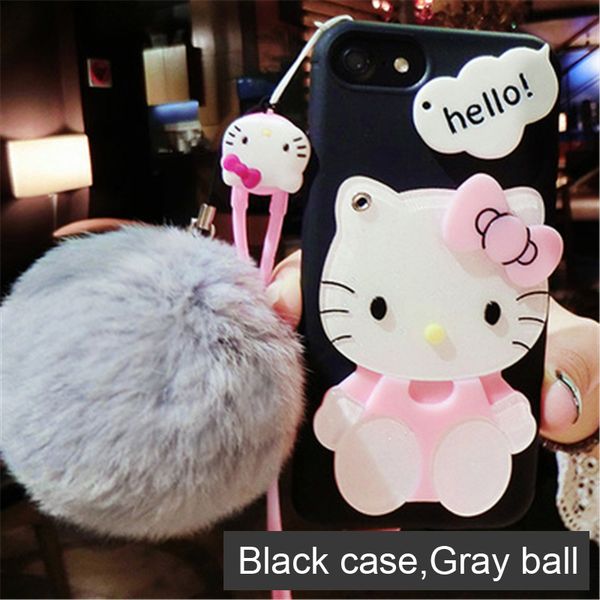 

Cute 3d hello kitty cat cartoon with fur ball mirror ca e for iphone7 8plu oft tpu back cover makeup phone ca e