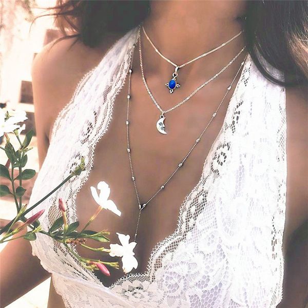 

bohemian 3 layered moon chain necklace set silver color beads moon necklaces & pendants boho jewelry multi layer long collier z3