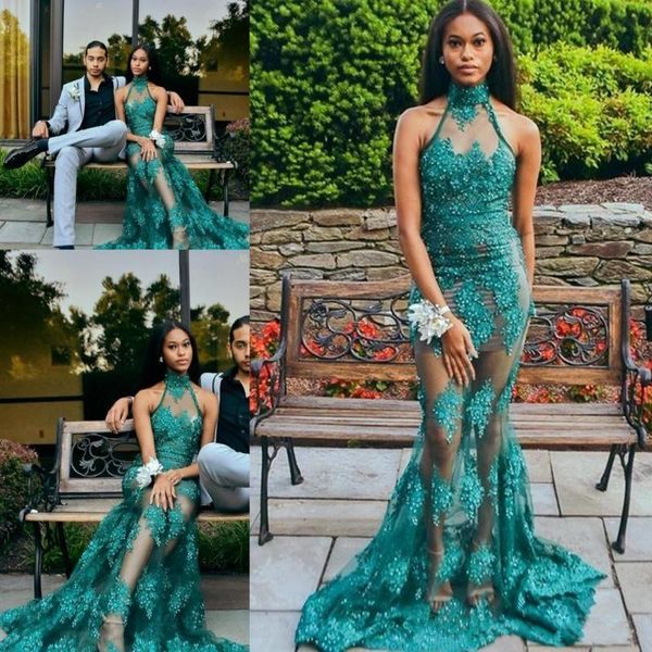 

hunter see through prom dresses high neck lace appliques mermaid evening gowns south african sweep train cocktail party dress custom made, Black
