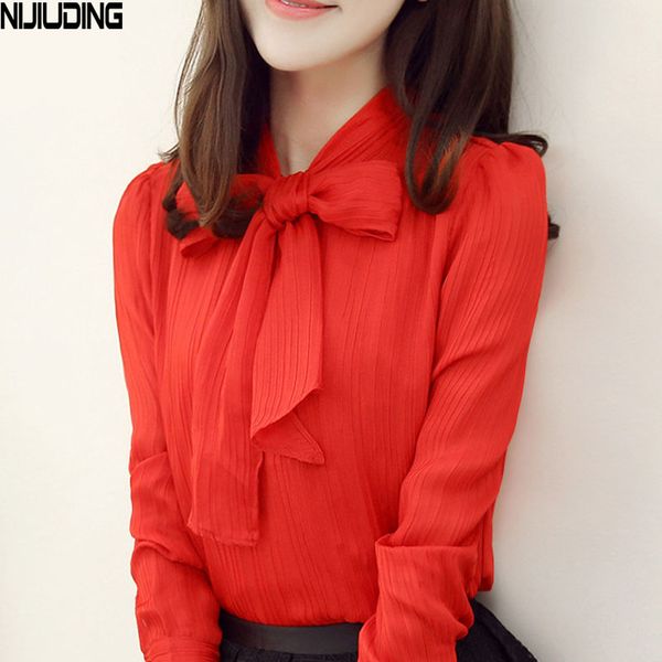 

nijiuding white red blouse women work wear bow collar long sleeve chiifon blouse shirt s-xxxl blusas feminina
