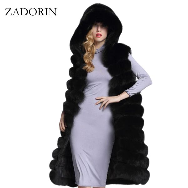 

new luxury thicken long faux fur vest sleeveless winter jacket women furry hooded fake fur coats casaco feminino abrigos de piel, Black