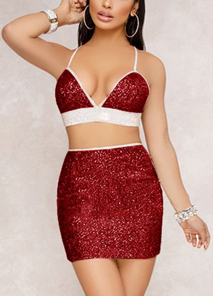 

sequin cami two piece set women strap crop bralette bodycon mini skirt set party nightclub glitter suits set outfits, Gray