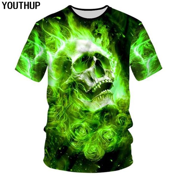 

youthup 2018 men t shirt skull 3d print green rose men's t shirt funny hip hop rock tees homme plus size 3d tshirt outwear, White;black