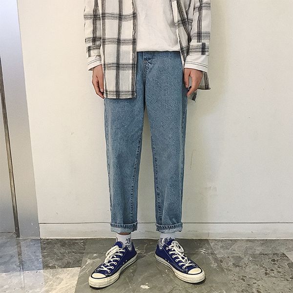 

2018 summer and early autumn new youth simple casual loose fashion personality cotton men's japanese denim trousers wild, Blue