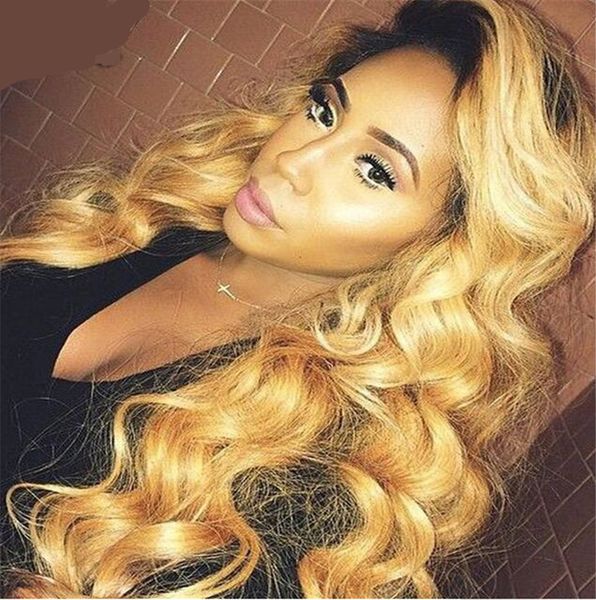 

Honey blonde lace front wig gluele full lace wig human hair ombre wig black root 1b 27 body wave brazilian virgin hair