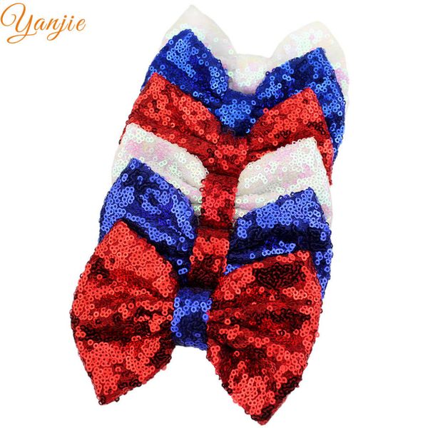 

12pcs/lot 4th of july girls 5'' big glitter sequin bows for kids 2018 large metallic solid hair bow hair clips accessories, Slivery;white