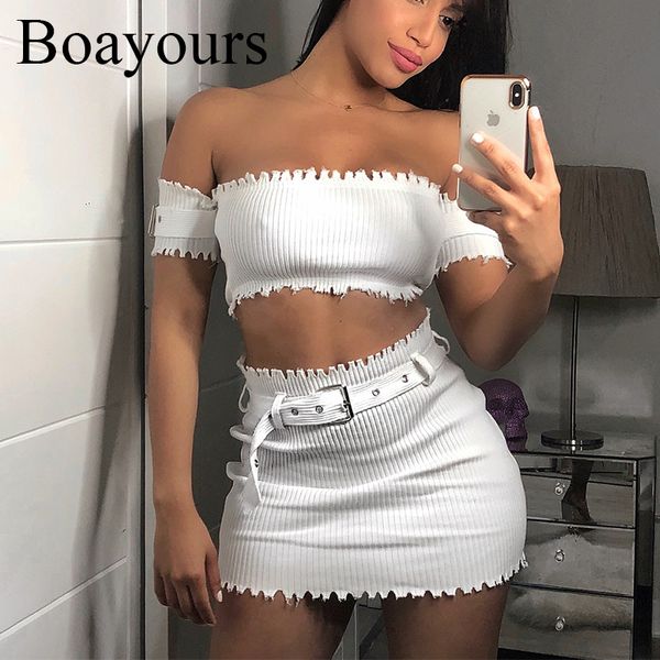 

boayours short sleeve strapless 2 piece set mini dress women 2018 summer sashes ribbed bodycon dress female robe femme ete, White;black