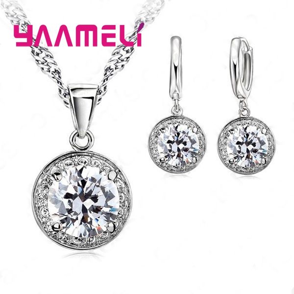 

yaameli new wedding fine jewelry sets real pure 925 sterling silver big round cubic zircon cz pendant necklaces hoop earrings