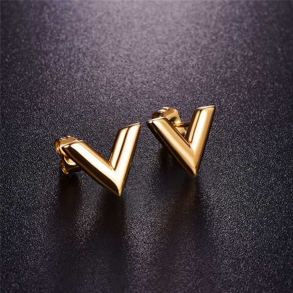 

316l stainless steel stud earrings for women rose gold-color v letter triangle cute earring jewelry gift, Golden;silver