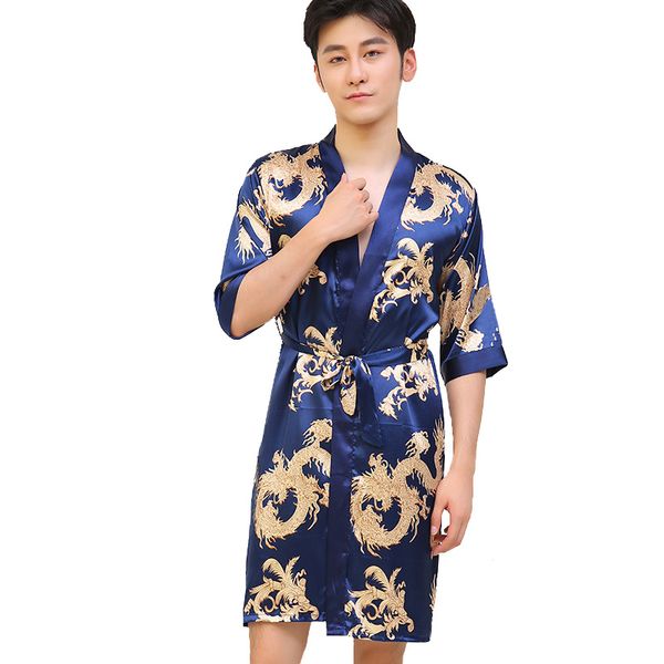 

casual male sleepwear satin rayon nightwear home wear chinese vintage men robe printed dragon bathrobe summer loose kimono gown, Black;brown