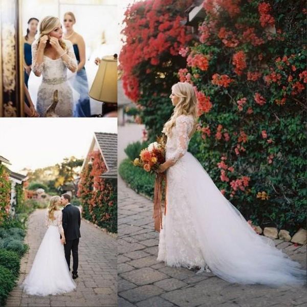 

2017 летний сад кружева страна свадебные платья со съемным поездом над юбкой длиной до пола замочную скважину обратно свадебные платья с дли, White