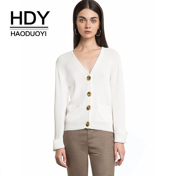 

hdy haoduoyi women casual v-neck black single-breasted long sleeve cardigan solid brief 2018 new arrival autumn for lady, White;black