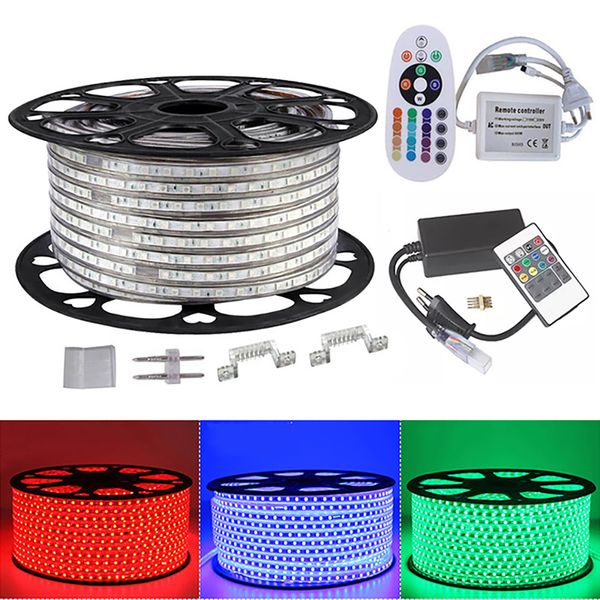 

5050 rgb светодиодных полос свет 110v 220v 60led / m ip65 водонепроницаемые светодиодные лампы для гостиной + питание + пульт дистанционного