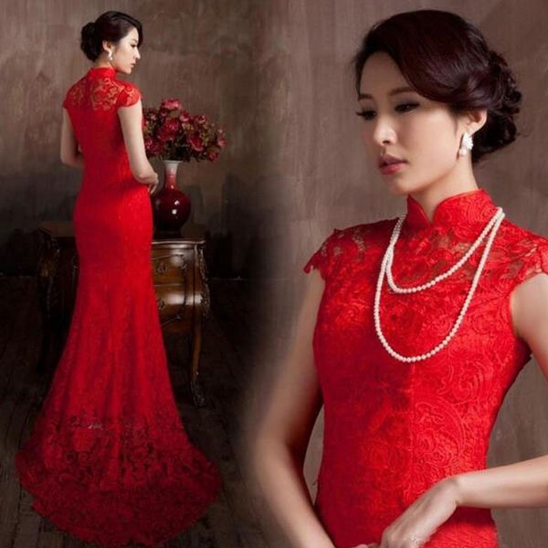 Abito da sposa a sirena in pizzo rosso di alta qualità economico dalla Cina Abiti da sposa eleganti con collo alto e collo alto in stile cinese su misura