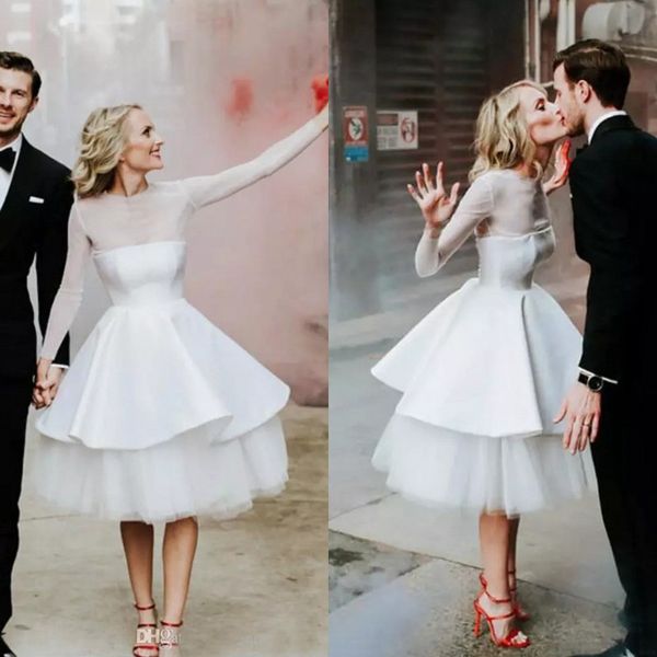 

modest 2018 illusion long sleeve short country garden beach wedding dresses knee length bridal gowns casual custom made en12232, White
