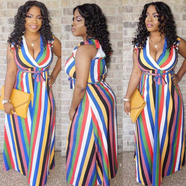 

Women Summer Casual Sleeveless Dresses V Neck Striped Prints Floor Length Maxi Dress