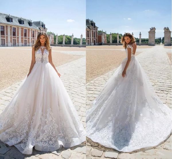 

milla nova backless full lace a line wedding dresses sheer bateau neck applique sweep train wedding bridal gowns party gowns, White