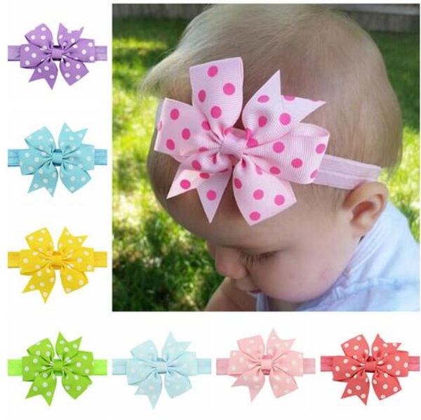 

3'' dot ribbon bows elastic hairband boutique hair ribbon bow headband kids hair accessories  colors bowknot dots hair band, Slivery;white
