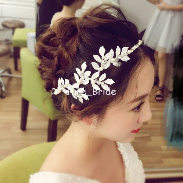 Fairy White Red Leaf Headpiece With Ribbon Romantic Crystal Pearl