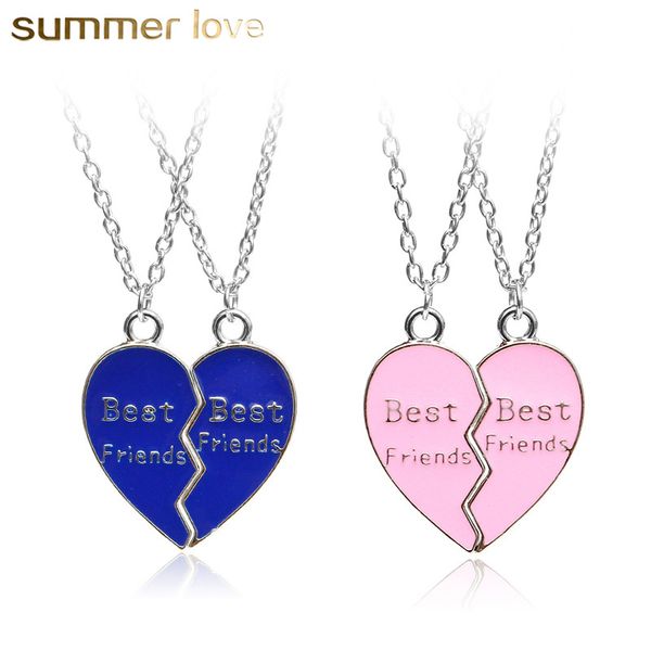 

2pcs friends necklace jewelry broken heart pendant necklaces blue pink couples paired puzzle heart necklace friendship christmas gifts, Silver