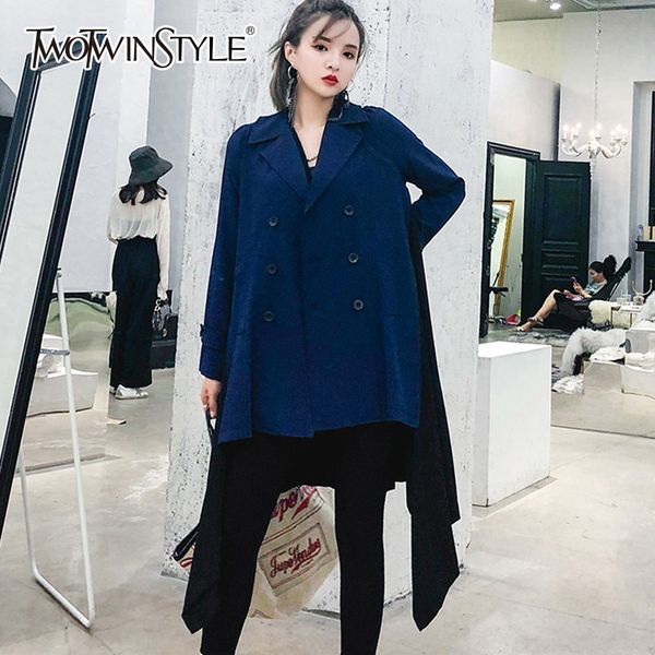 

twotwinstyle asymmetric hem trench coat female loose long sleeve double breasted coats for women 2018 autumn casual fashion tide, Tan;black