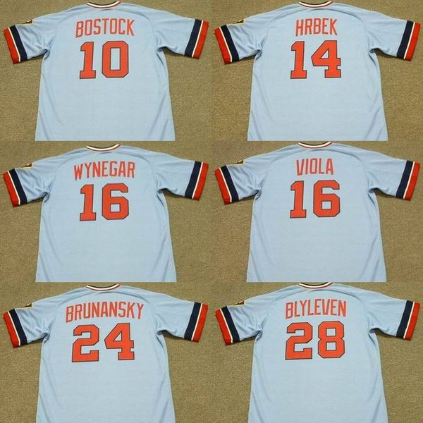 

men 10 lyman bostock 14 kent hrbek 16 butch wynegar 16 frank viola 24 tom brunansky 28 bert blyleven baseball jersey 1982, Blue;black