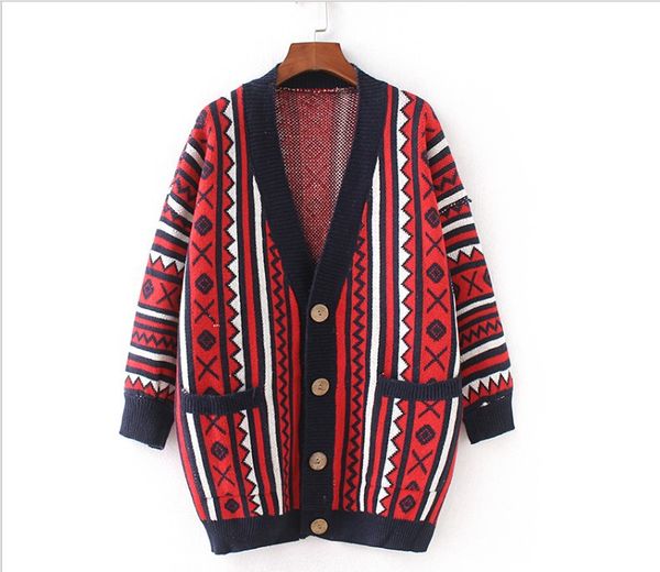 

2018 ladies new sweater v-neck jacquard harajuku style geometric pattern sweater cardigan long loose fashion jacket, White;black