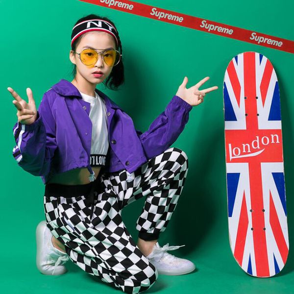 

kid loose hip hop clothing casual shirt sweat pants girls purple jazz dance costume ballroom dancing clothes wear outfits, Black;red