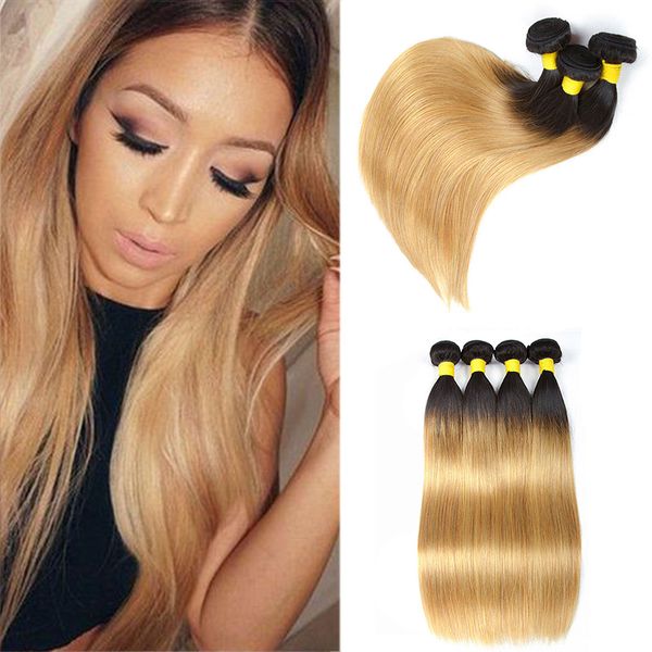 Malaio Ombre Tecer Cabelo Humano 3/4 Bundles Barato T1B / 27 Raiz Escura Loira Em Linha Reta Dois Tons de Cabelo Coreano Malaio Virgem fornecedores