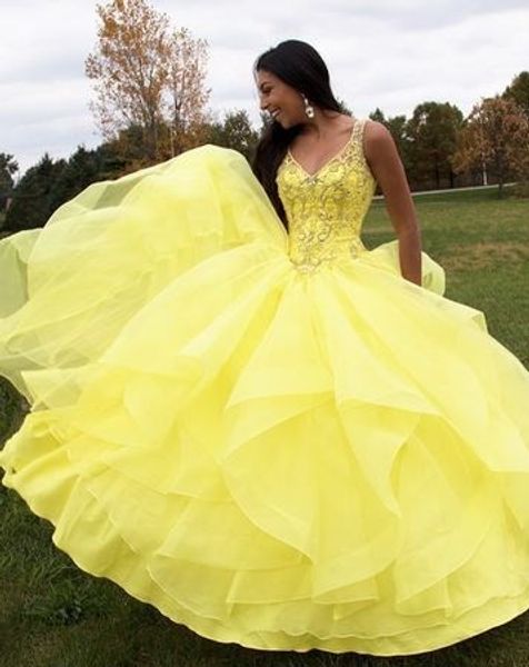 

fashion yellow v neck quinceanera prom dresses ruffles organza crystal beaded ball gown sweet 16 dress formal gowns beading, Blue;red