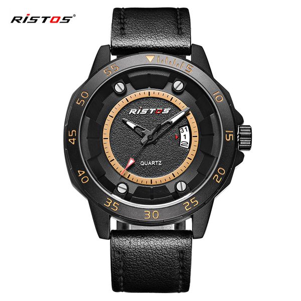 

ristos brand 2018 genuine leather watches date calendar fashion men wristwatch hombre reloj masculino sport quartz watch 9332, Slivery;brown