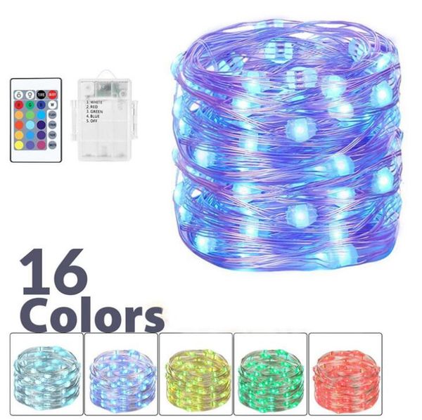 Corda de fio de cobre de 4 linhas RGB com 8 funções, controle remoto de 24 teclas, corda de luz de Natal, caixa de bateria à prova d'água, corda de luz