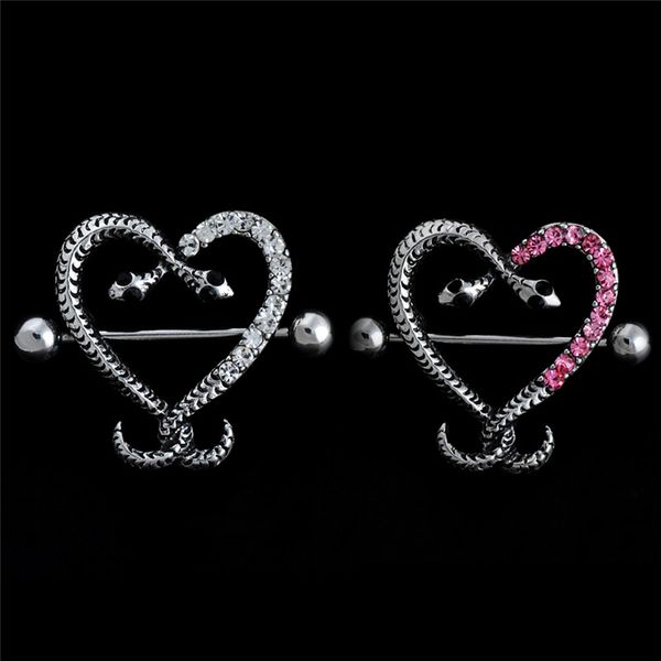 

1 double snake head nipple piercing serpentine white pink heart shaped nipple rings body jewelry women bar barbell piercing, Slivery;golden