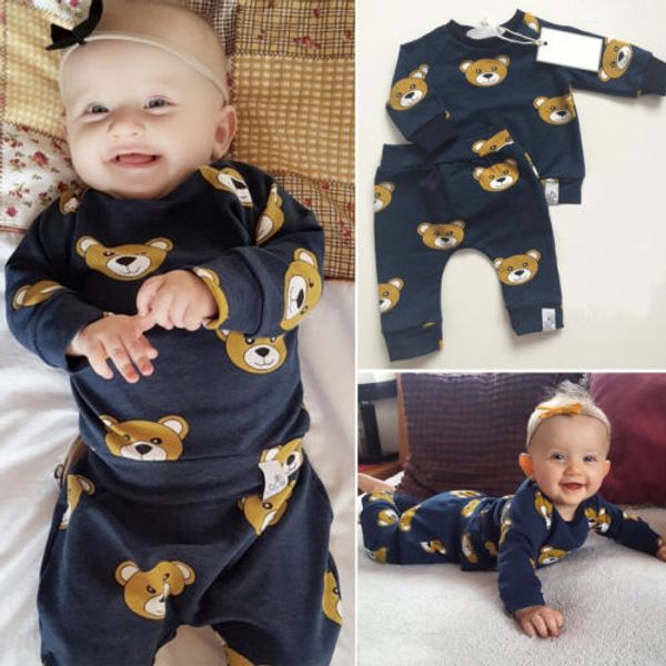 

newborn infant kids boy girl 0-24m baby clothes bear outfit t-shirt long pants set, White