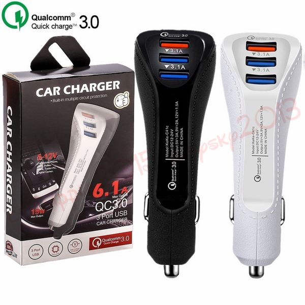 

3 usb ports car charger qc 3.0 fast quick charging leather car chargers adapter for ipad iphone samsung smartphone gps mp3 with retail box