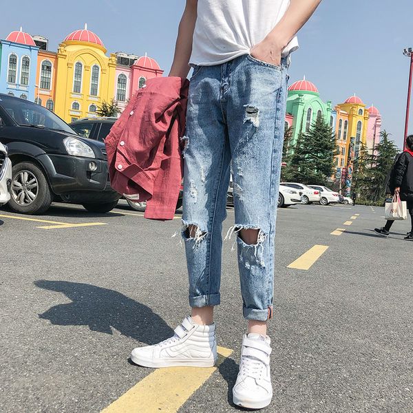 

2018 spring and summer new thin section hole feet denim nine pants korean version of the trend of leisure men's trousers, Blue