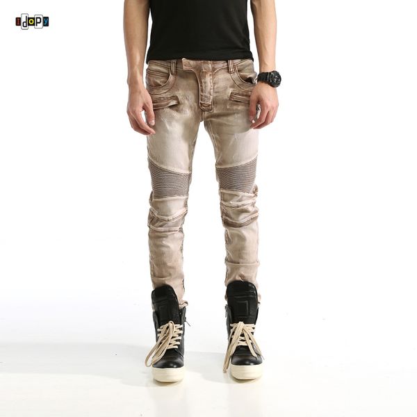 

idopy men`s biker jeans elastic motorcycle motobike khaki hip hop designer denim pants joggers jeans for hipster male, Blue