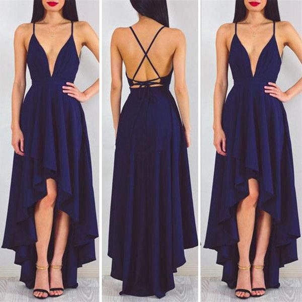 

new michael costello prom dresses v neck spaghetti straps satin backless high low cocktail party dresses navy blue evening dresses, Black
