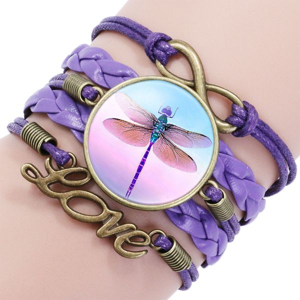 

ningxiang vintage retro dragonfly picture glass cabochon leather charm bracelets bangles jewelry women multilayer bracelet, Golden;silver