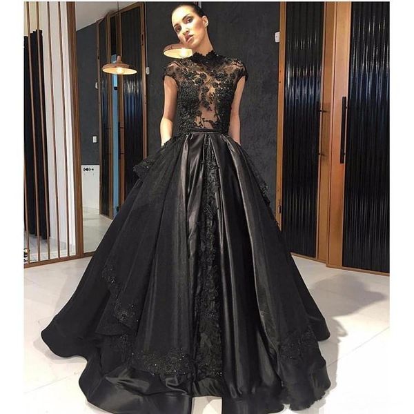 

elie saab black 2018 платья для выпускного вечера cap рукава кружева аппликация иллюзия лиф вечерние платья с высоким вырезом и бисером плат