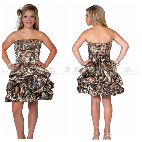 

2018 strapless bulrush reed camo pleated draped short mini bridesmaid dresses lace up back custom made honor of maid satin camouflage, White;pink