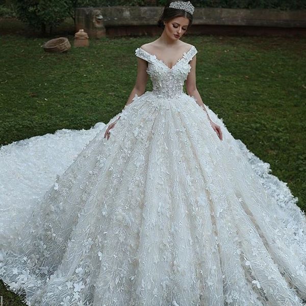 

fabulous 3d petals wedding dresses off shoulder v-neck applique sleeveless lace ball gown wedding dress glamorous dubai arabia bridal dress, White