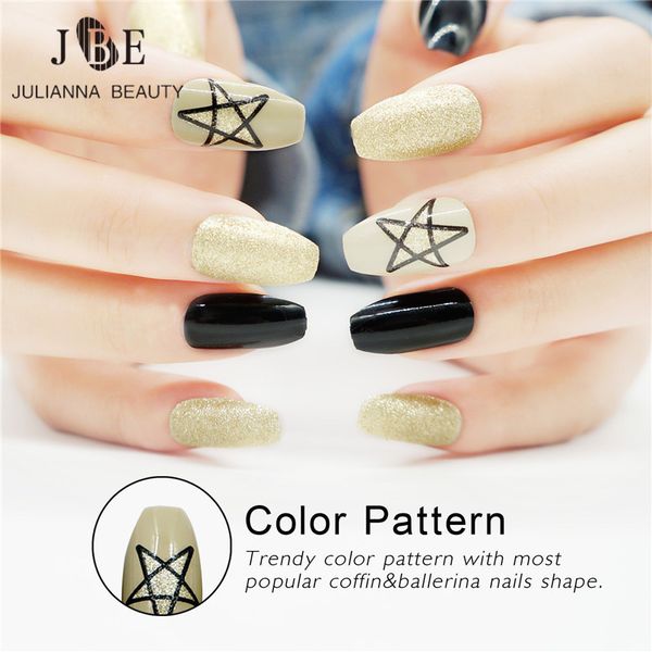 

24pcs light gold glitter false nails long square decoration nails full cover plastic fake nail tips with glue faux ongle, Red;gold