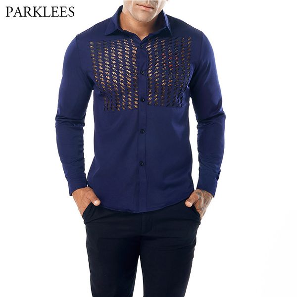 

fashion hollow out long sleeve shirt men 2018 brand new see-through nightclub shirt men party perform shirts chemise homme, White;black