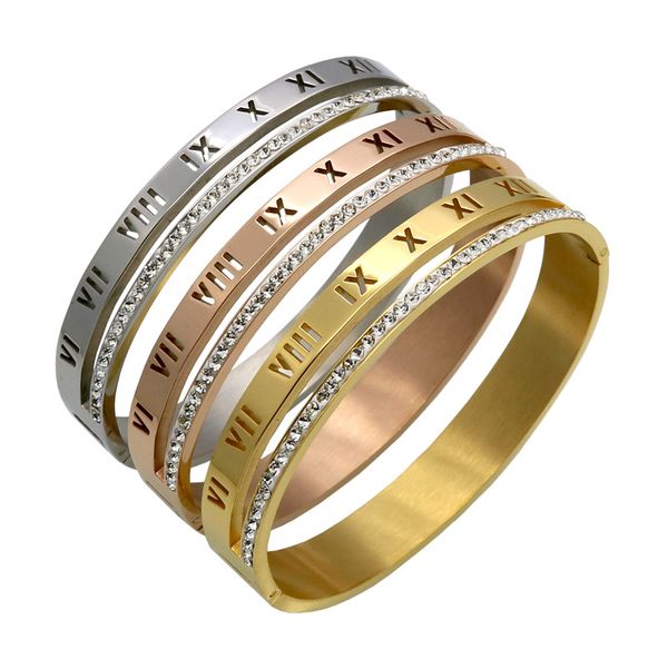 

роскошный кристалл римские цифры манжеты браслеты браслеты женщины bijoux марка дизайн золотой цвет нержавеющей стали стразы браслет, Golden;silver